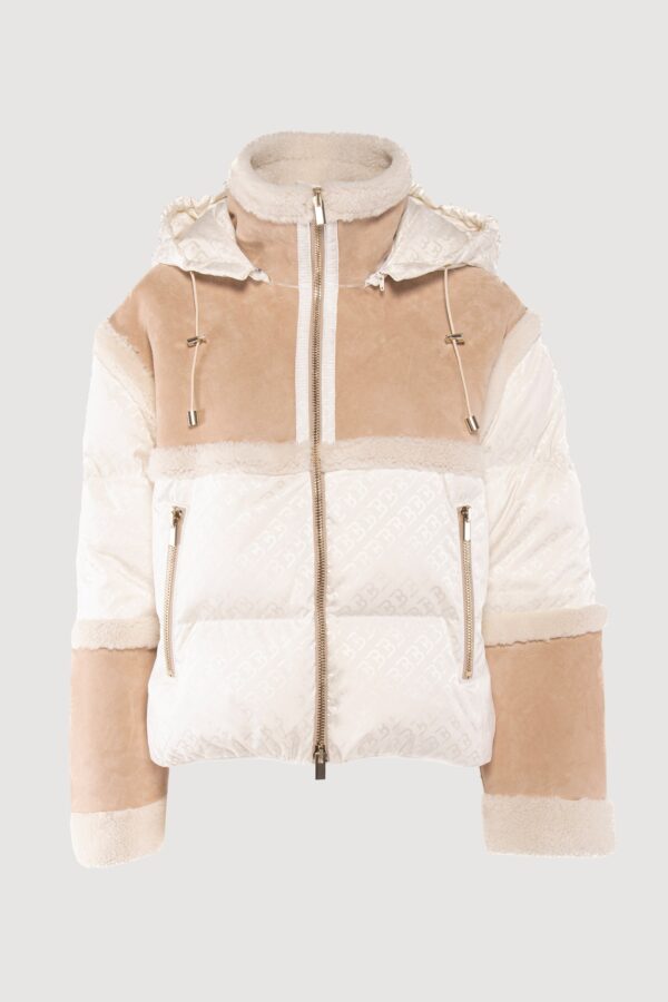 Logoed down jacket and light camel shearling